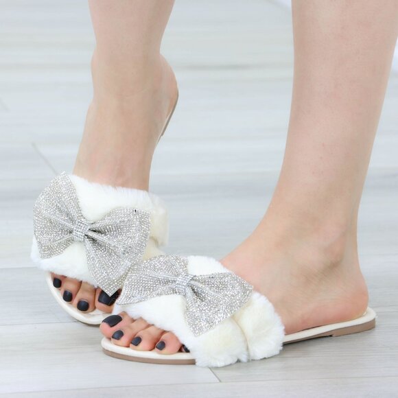 Beige Plush Glitter Bow Tie Fuzzy Flat Sandals Sliders - Picture 1 of 15